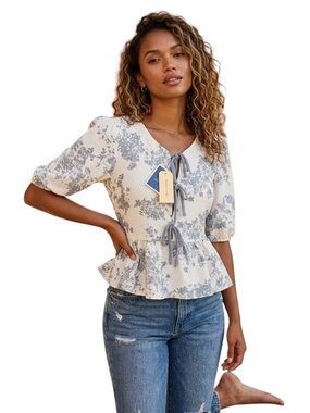 Monteau Los Ange  Floral Tie-Front Peplum Blouse - Cream & Light Blue